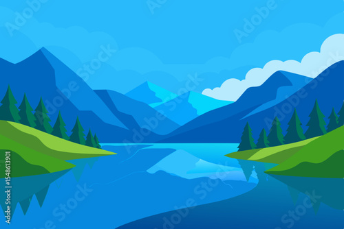 Scenic mountain lake landscape reflecting the sky and snow-capped peaks