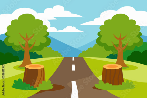 Nature landscape vector illustration: sunlit field with trees, a winding road, and a cloudy sky, perfect for summer or spring scenes