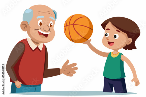 Cartoon illustration of a cheerful grandfather and grandson happily talking and bonding over a basketball. Family love, generation connection