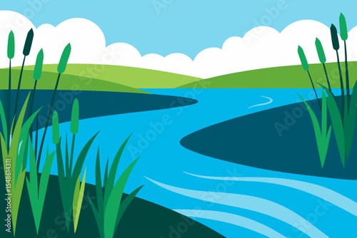 Serene River Landscape Tranquil Waters, Lush Greenery, and Peaceful Vista