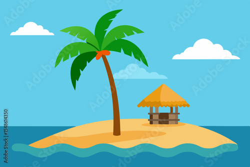 Tropical Island Paradise Palm Tree, Hut, and Ocean Escape