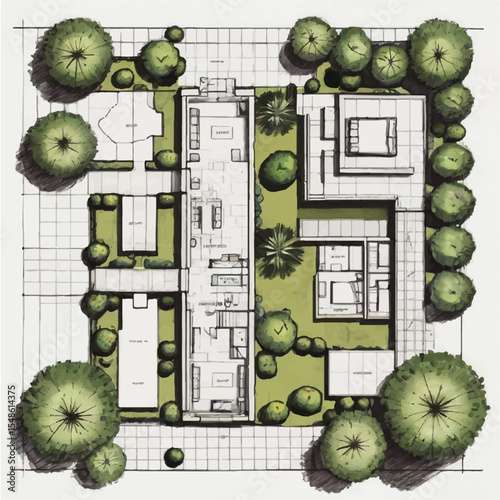 Architectural drawings in minimal style, including top-view elements of people in outdoor park scenes for landscape and site planning.
