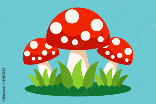 Vibrant Red Mushrooms in Lush Green Grass A Delightful Nature Illustration