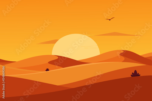 Golden Desert Sunset Vibrant Hues and Rolling Dunes Landscape Illustration