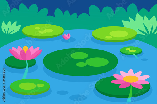 Serene Pond Scene Water Lilies, Lily Pads, and Lush Greenery