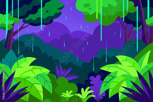 Enchanted Rainforest Nighttime Rain and Lush Greenery