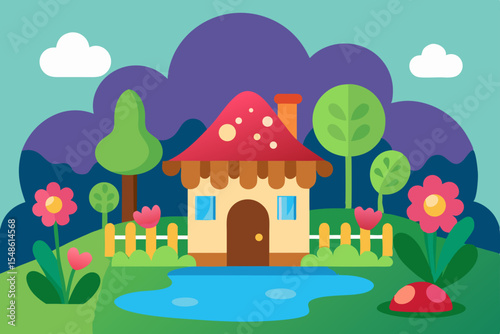 Enchanted Mushroom House in a Colorful Fantasy Landscape Illustration