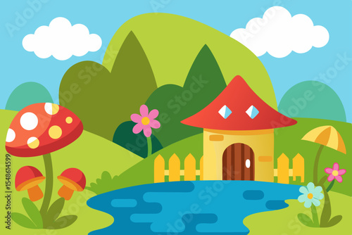 Enchanted Cottage Landscape A whimsical illustration of a fairytale house nestled beside a tranquil pond, surrounded by vibrant flowers and enchanting mushrooms.