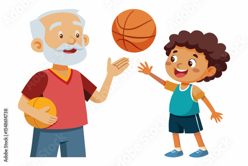 Cartoon illustration of a cheerful grandfather and grandson happily talking and bonding over a basketball. Family love, generation connection