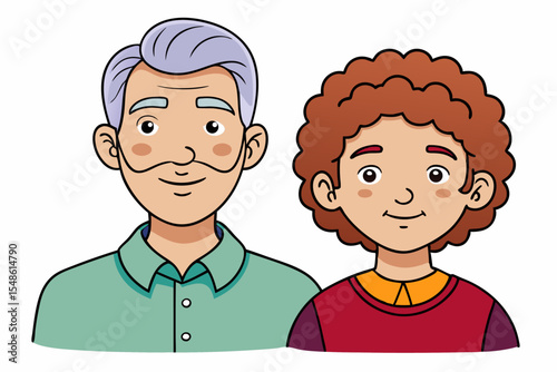 Cartoon illustration of a cheerful grandfather and grandson happily talking and bonding over a basketball. Family love, generation connection