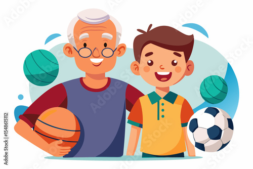 Cartoon illustration of a cheerful grandfather and grandson happily talking and bonding over a basketball. Family love, generation connection