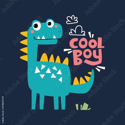 Cute cartoon dinosaur with playful text vector illustration for textiles, clothing, book cover, baby shower, clip art sticker, wallpaper, kids room decor and others