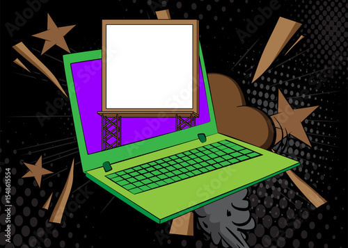 Cartoon Laptop, comic book Notebook with Billboard. Retro vector comics pop art design.