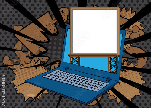 Cartoon Laptop, comic book Notebook with Billboard. Retro vector comics pop art design.