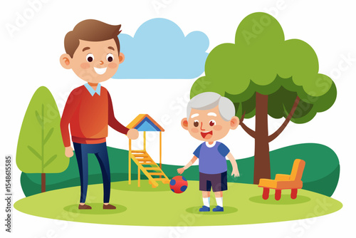 Cartoon illustration of a cheerful grandfather and grandson happily talking and bonding over a basketball. Family love, generation connection