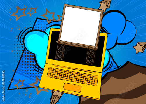 Cartoon Laptop, comic book Notebook with Billboard. Retro vector comics pop art design.