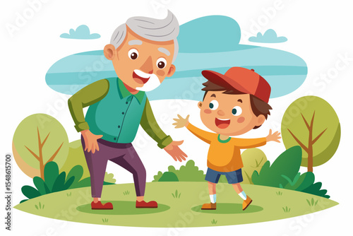 Cartoon illustration of a cheerful grandfather and grandson happily talking and bonding over a basketball. Family love, generation connection