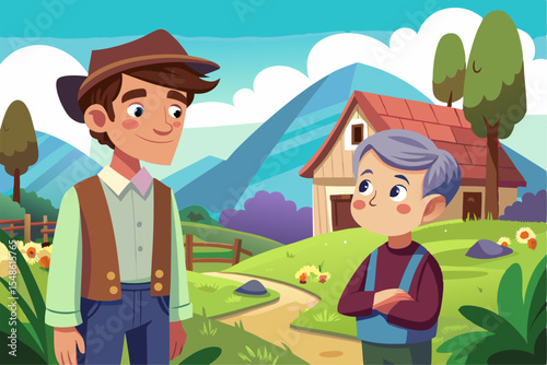 Cartoon illustration of a cheerful grandfather and grandson happily talking and bonding over a basketball. Family love, generation connection