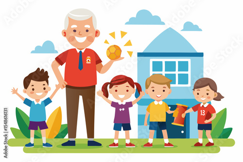 Cartoon illustration of a cheerful grandfather and grandson happily talking and bonding over a basketball. Family love, generation connection