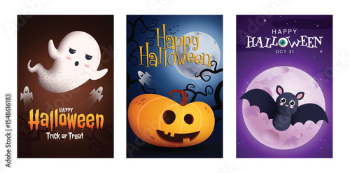 Happy Halloween trick or treat greeting clipart poster set. Halloween greeting and invitation card flyer template clip art collection with cute ghost, pumpkin and bat in scary night moon background 