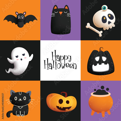 Happy Halloween characters clipart set. Halloween seamless pattern in geometric concept with bat, skull, ghost, pumpkin and cauldron elements in colorful background for horror party sticker icon clip 