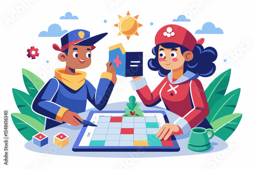 Cartoon illustration of a cheerful grandfather and grandson happily talking and bonding over a basketball. Family love, generation connection
