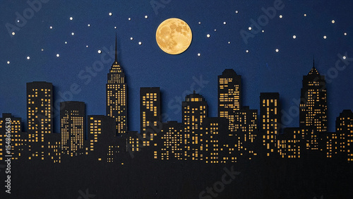 Moonlit cityscape in elegant paper cut style
