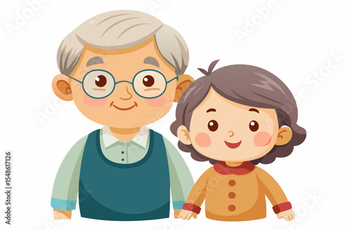Cartoon illustration of a cheerful grandfather and grandson happily talking and bonding over a basketball. Family love, generation connection