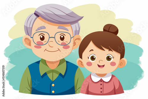 Cartoon illustration of a cheerful grandfather and grandson happily talking and bonding over a basketball. Family love, generation connection