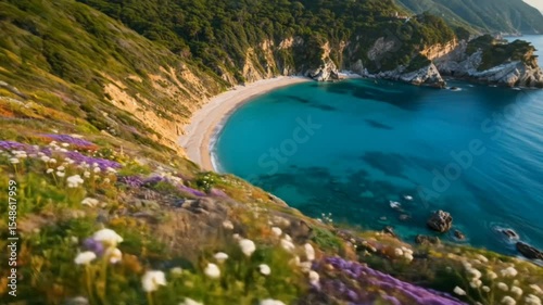 Turquoise ocean bay framed by beach cliffs and vibrant spring flowers under clear sky. Coastal paradise concept seamless looping 4k time-lapse animation video background