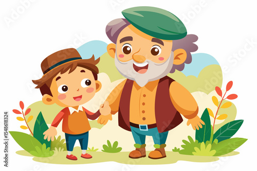 Cartoon illustration of a cheerful grandfather and grandson happily talking and bonding over a basketball. Family love, generation connection