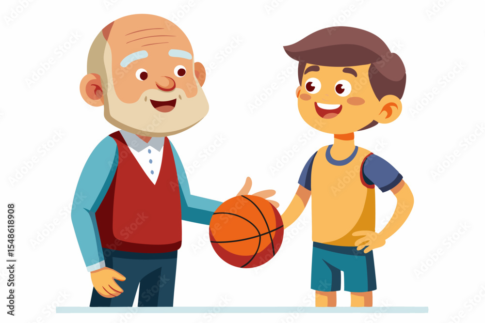 Cartoon illustration of a cheerful grandfather and grandson happily talking and bonding over a basketball. Family love, generation connection Cartoon illustration of a cheerful grandfather and grandson happily talking and bonding over a basketball. Family love, generation connection