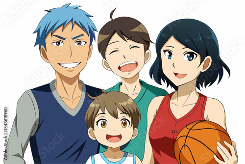 Cartoon illustration of a cheerful grandfather and grandson happily talking and bonding over a basketball. Family love, generation connection