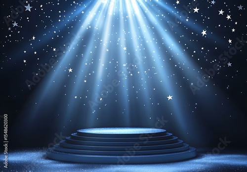 A spotlight podium with stars, particles and rays of light shining down, perfect for promotional products display  showcasing award-winning concept. 