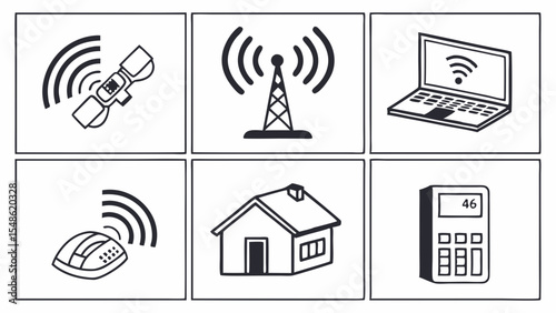Wireless Technology Icons Satellite, Cell Tower, Laptop, Mouse, Home, and 4G Device Illustrations