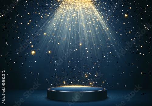 A spotlight podium with stars, particles and rays of light shining down, perfect for promotional products display  showcasing award-winning concept. 