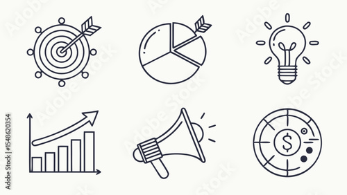 Marketing Strategy Icons Target, Chart, Idea, Growth, and More