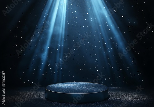 A spotlight podium with stars, particles and rays of light shining down, perfect for promotional products display  showcasing award-winning concept. 