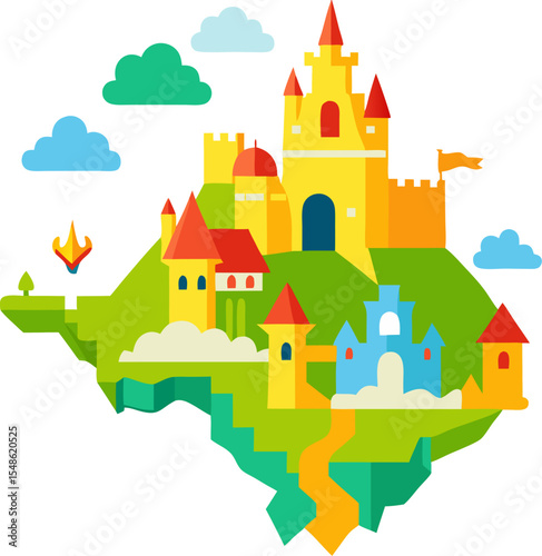 Colourful map of fairy tale lands with castles and dragons, vector infographic with white background.