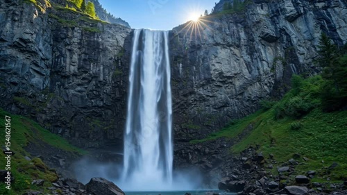 Mountain waterfall cascades from rocky cliff surrounded by forest as sunburst shines above. Natural energy concept seamless looping 4k time-lapse animation video background