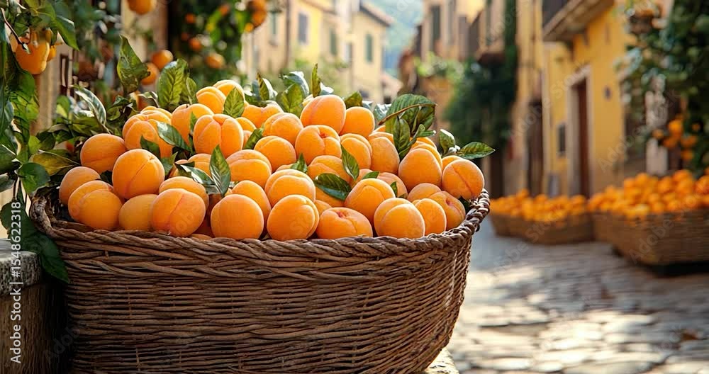 Ripe apricots in a wicker basket on a cobblestone street.