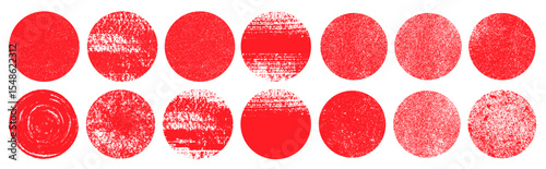 Set of red round brush circles on white background. Japanese circle round textured shapes. Grunge asian round gritty element. Dry brush sun japanese circle shapes with trace textured
