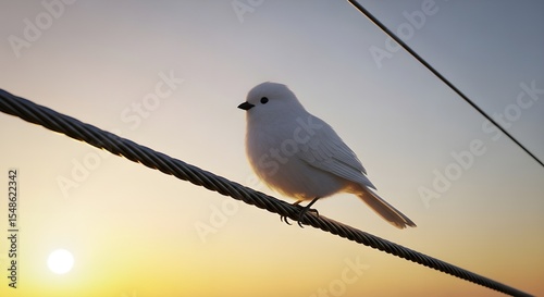 Realistic 3D fluffy white bird perched on a power line at sunrise, warm golden sky in background