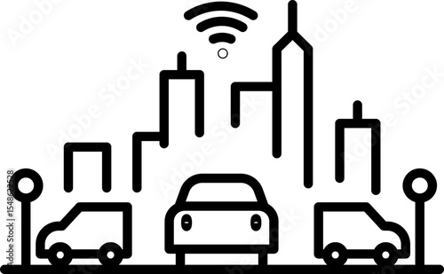 Smart city illustration with wireless network, modern buildings, cars, and streetlights, representing urban technology, connectivity, and intelligent transportation systems