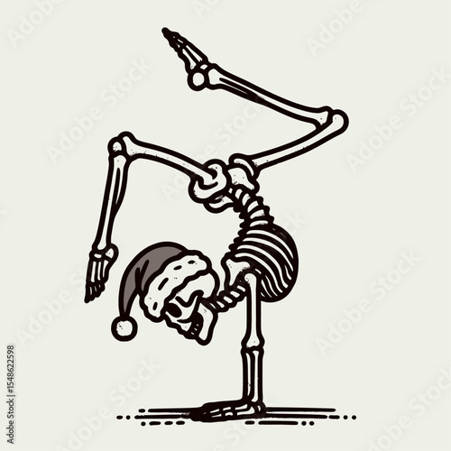 Skeleton wear santa hat balancing on one hand doing a handstand. Christmas Xmas Holiday Winter New Year Claus Clipart Line Art Vector Illustration. Bony figure in headgear posing inverted.
