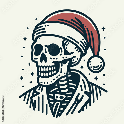  Skeleton wear santa hat Barbecue. Christmas Xmas Holiday Winter New Year Claus Clipart Line Art Vector Illustration. Bony frame in yule cap cooking meat on a grill outdoor party theme.