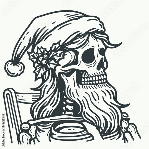  Skeleton wear santa hat Beach trip. Christmas Xmas Holiday Winter New Year Claus Clipart Line Art Vector Illustration. Bony figure don cap shoreline journey headwear ocean getaway.