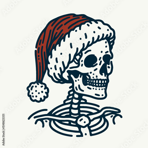  Skeleton wear santa hat Beach trip. Christmas Xmas Holiday Winter New Year Claus Clipart Line Art Vector Illustration. Bony figure don festive headgear on coastal getaway for season cheer.