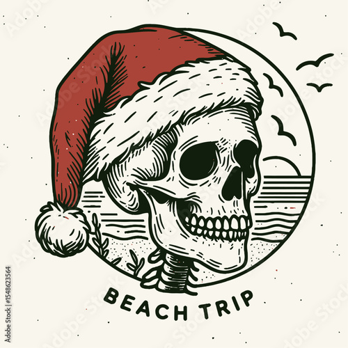  Skeleton wear santa hat Beach trip. Christmas Xmas Holiday Winter New Year Claus Clipart Line Art Vector Illustration. Bony figure don cap outing near seashore summer journey.