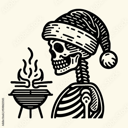  Skeleton wear santa hat Barbecue. Christmas Xmas Holiday Winter New Year Claus Clipart Line Art Vector Illustration. Bony figure in headwear cooking meat over open fire at cookout.